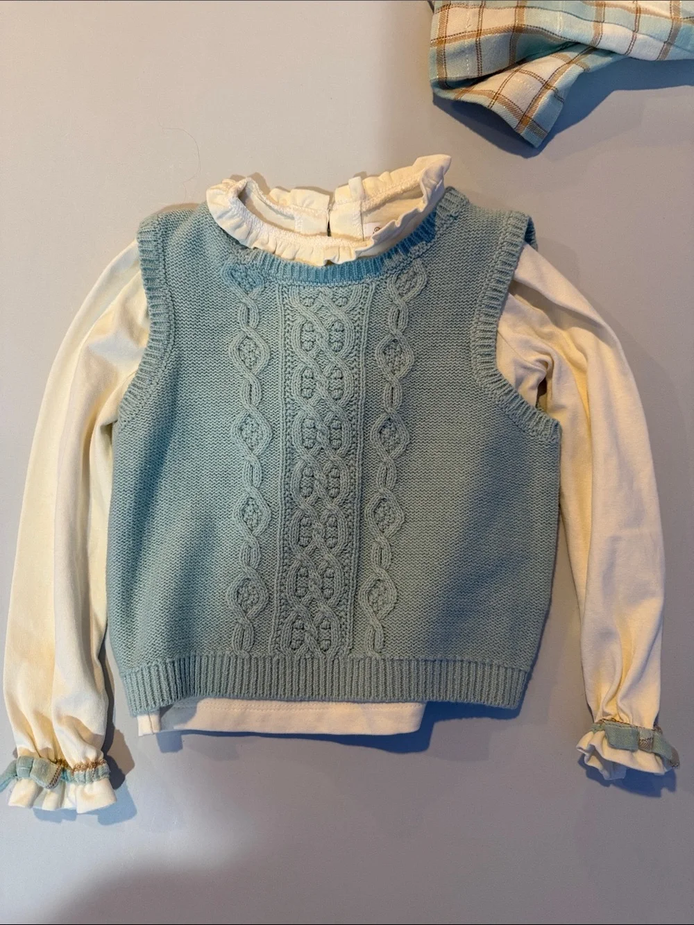 Tommy Bahama Blue/Green Gold Plaid Skirt and Knit Vest Long sleeve Shirt Set 2T